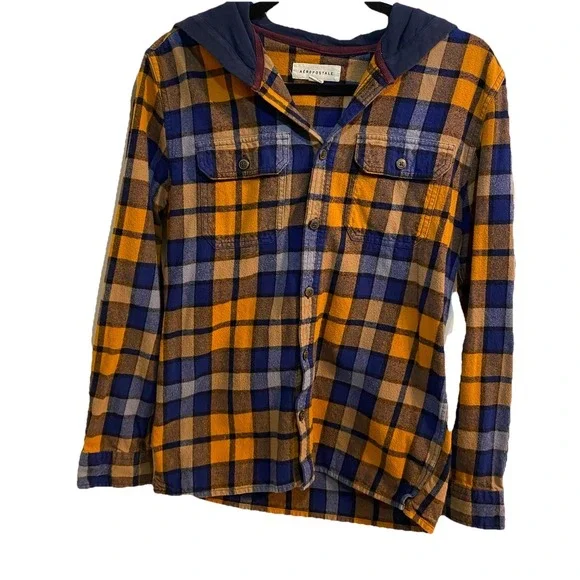 Aeropostale Men's Button Up Hoodie Flannel Blue Orange X-small - Picture 13 of 14